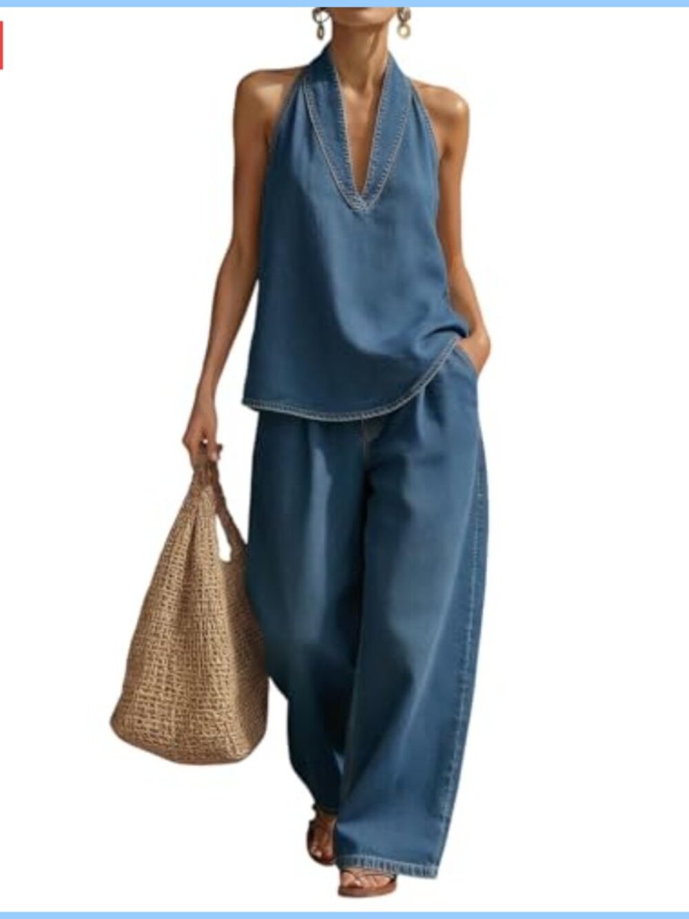 Women's 2 Piece Denim Outfit, Halter Neck Top & Wide Leg Pants, Pull-On Set